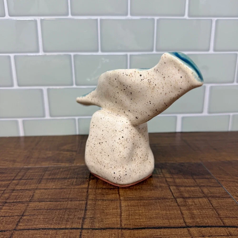 West Elm Speckled Ceramic Bird Figurine Aqua Blue Glaze Modernist Sculpture